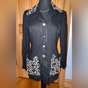 Vintage Melrose Petite 6 Black Blazer Jacket White Swirl Embroidery Scroll Artsy